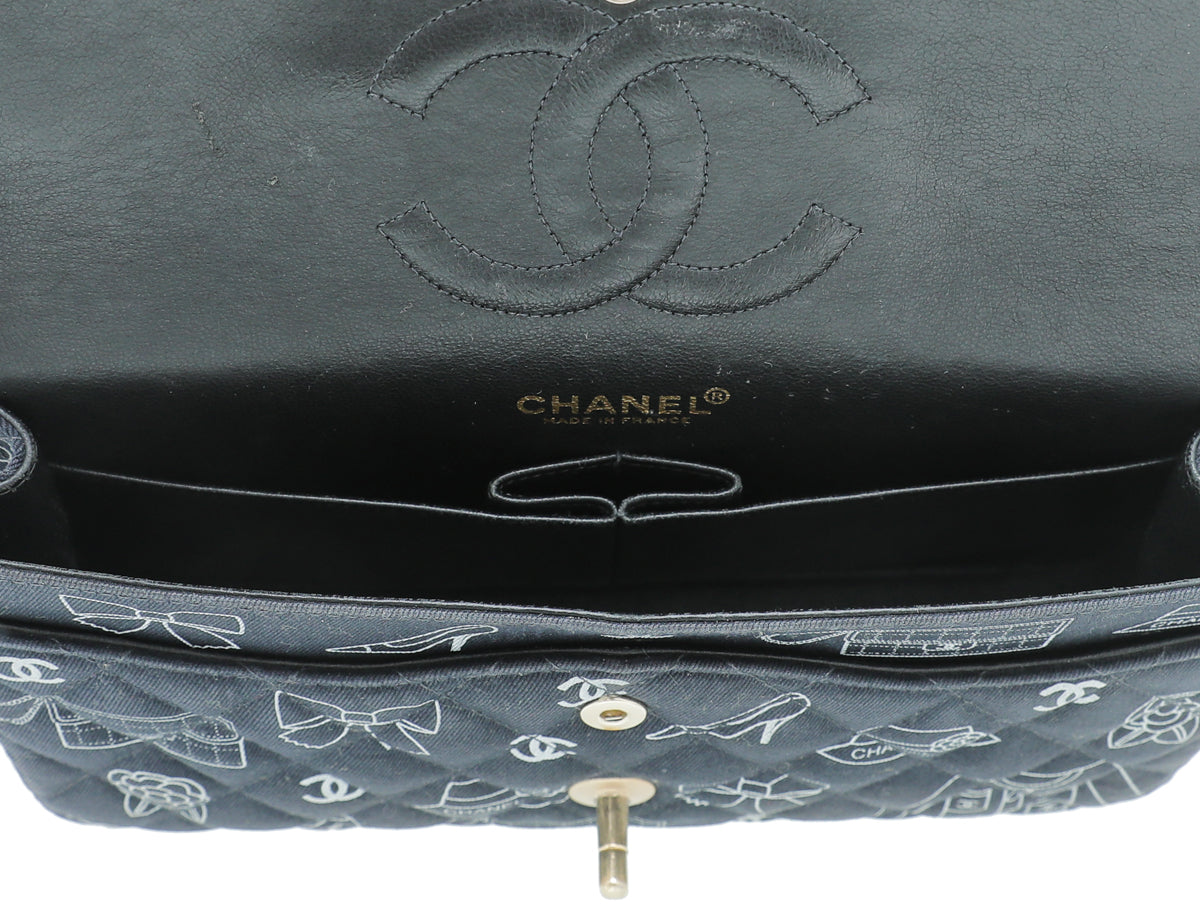 Chanel Navy Icon Print Canvas Double Flap Medium Bag