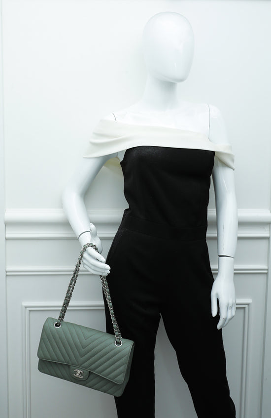 Chanel Sea Green Classic Chevron Double Flap Medium Bag