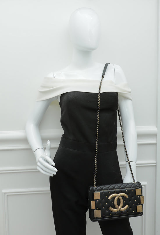 Chanel Black Vintage Studded Boy Brick Horizontal Chain Bag