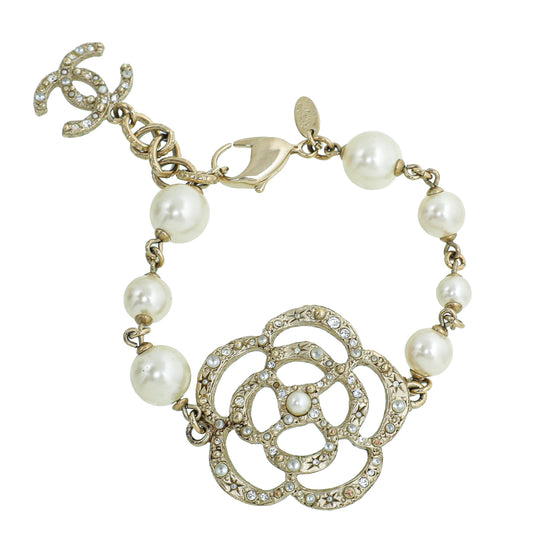 Chanel Gold Tone CC Camellia Flower Pearl Bracelet