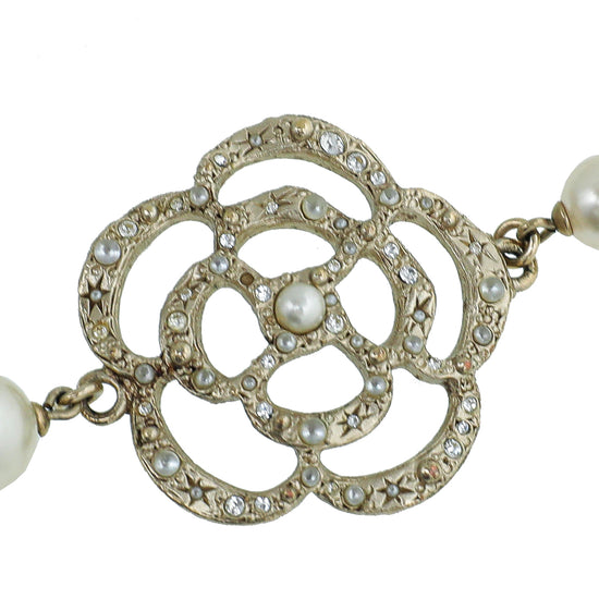 Chanel Gold Tone CC Camellia Flower Pearl Bracelet