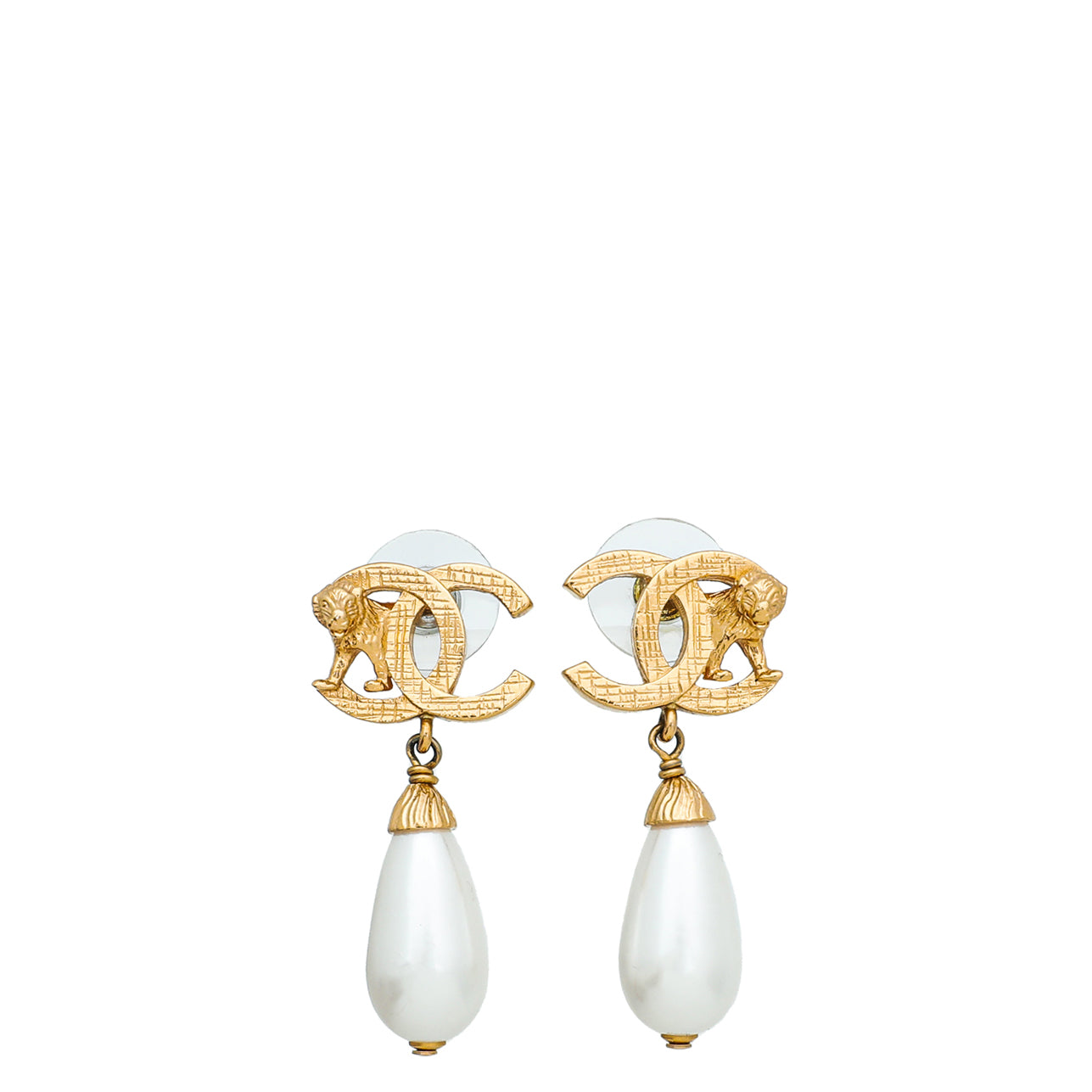 Chanel Gold Finish CC Lion Faux Teardrop Pearl Stud Earrings-Chanel-THE CLOSET
