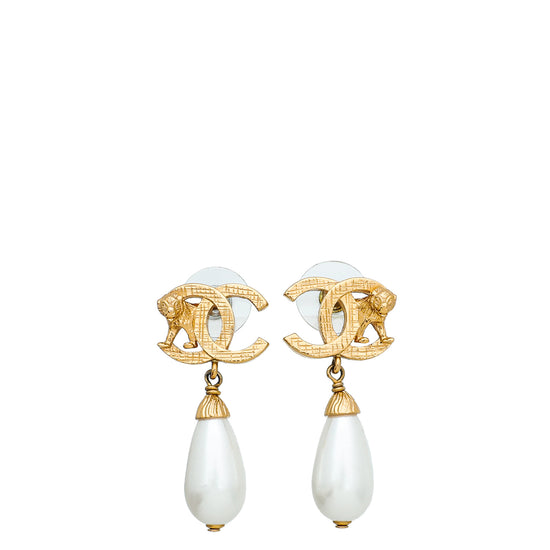 Chanel Gold Finish CC Lion Faux Teardrop Pearl Stud Earrings – The Closet
