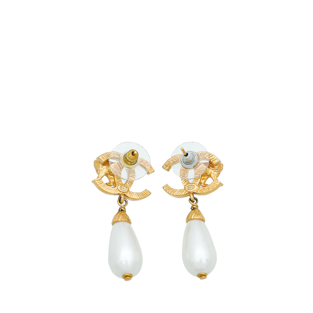 Chanel Gold Finish CC Lion Faux Teardrop Pearl Stud Earrings-Chanel-THE CLOSET
