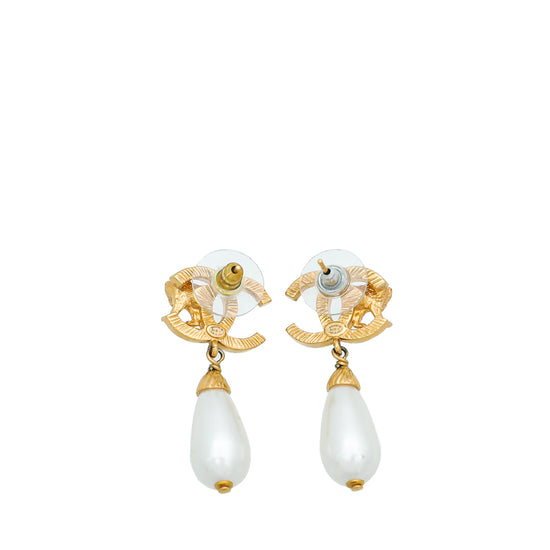 Chanel Gold Finish CC Lion Faux Teardrop Pearl Stud Earrings