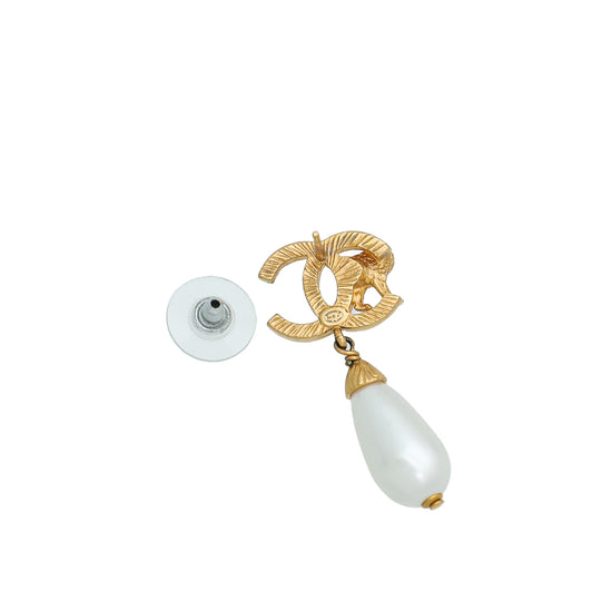 Chanel Gold Finish CC Lion Faux Teardrop Pearl Stud Earrings