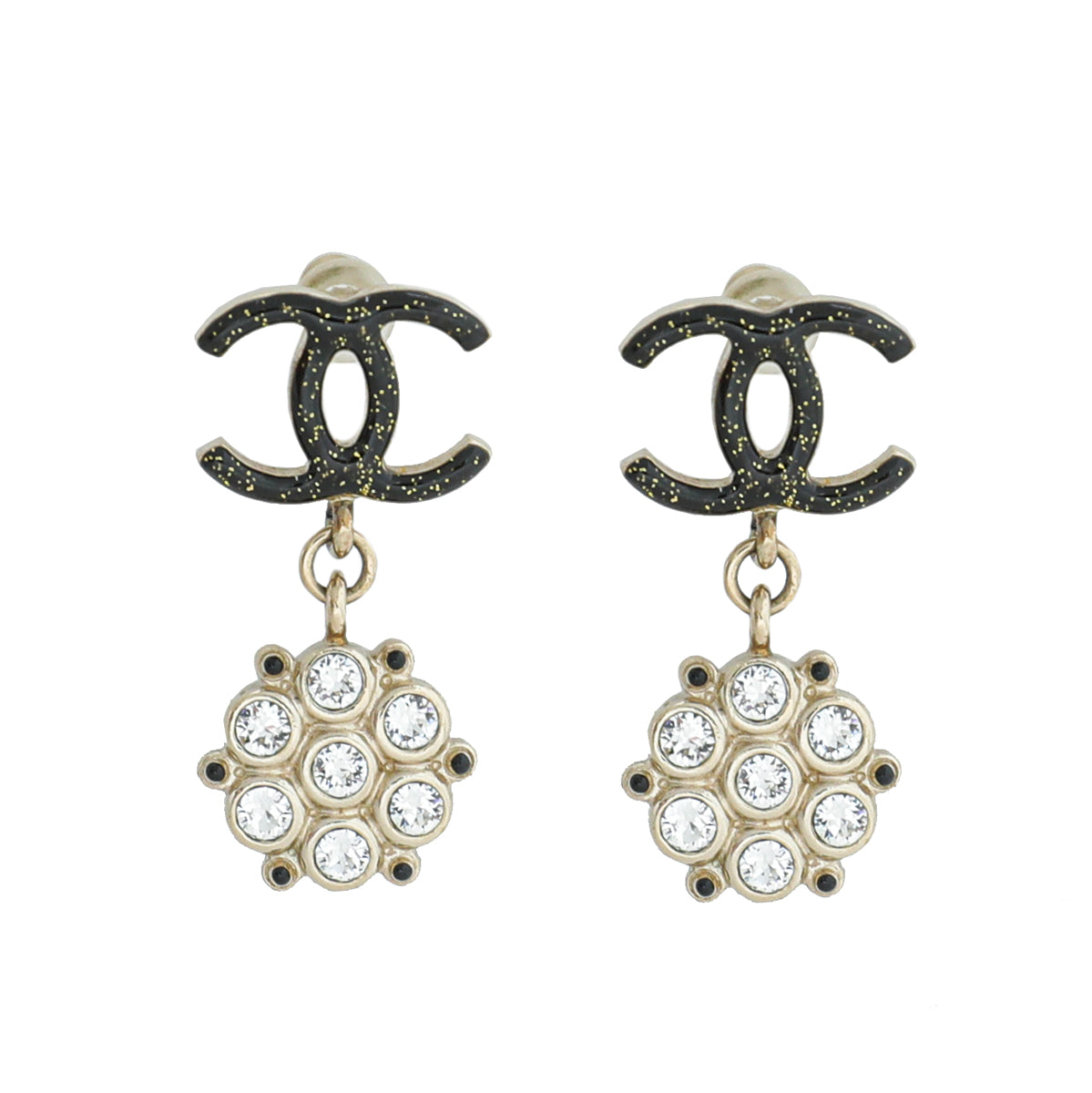 Chanel Black CC Drop Flower Crystal Earrings-Chanel-THE CLOSET