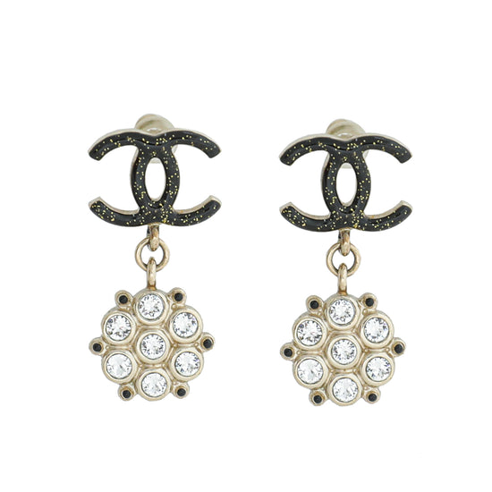 Chanel Black CC Drop Flower Crystal Earrings