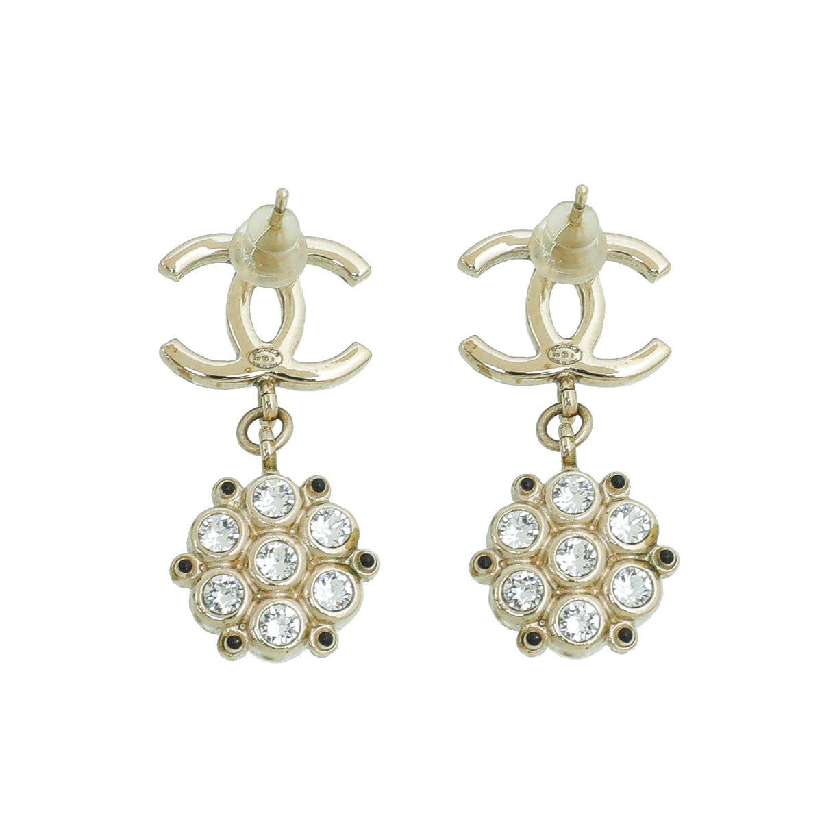 Chanel Black CC Drop Flower Crystal Earrings