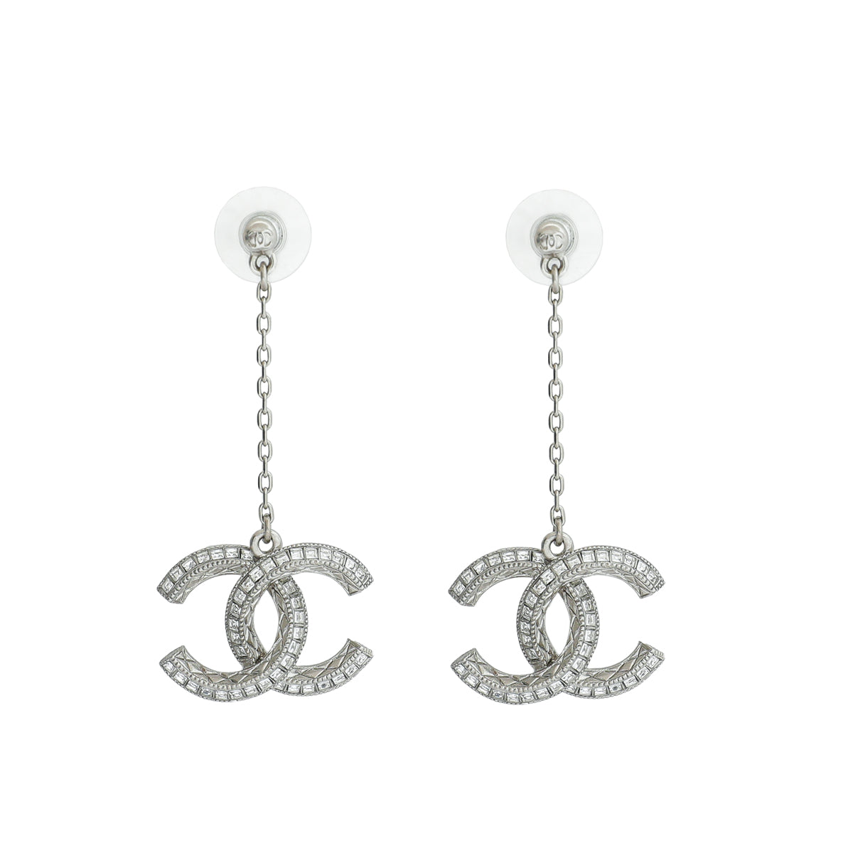 Chanel Silver CC Crystal Drop Chain Earrings-Chanel-THE CLOSET