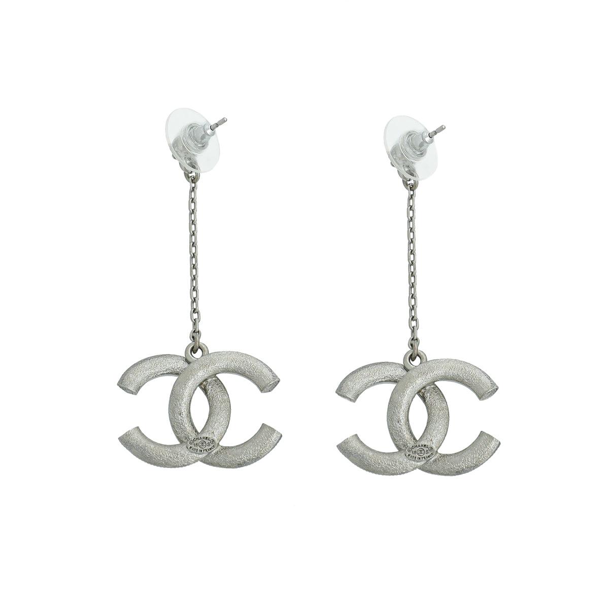 Chanel Silver CC Crystal Drop Chain Earrings