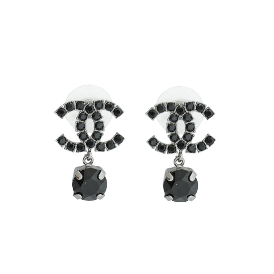 Chanel Black CC Crystal Drop Pearl Earrings