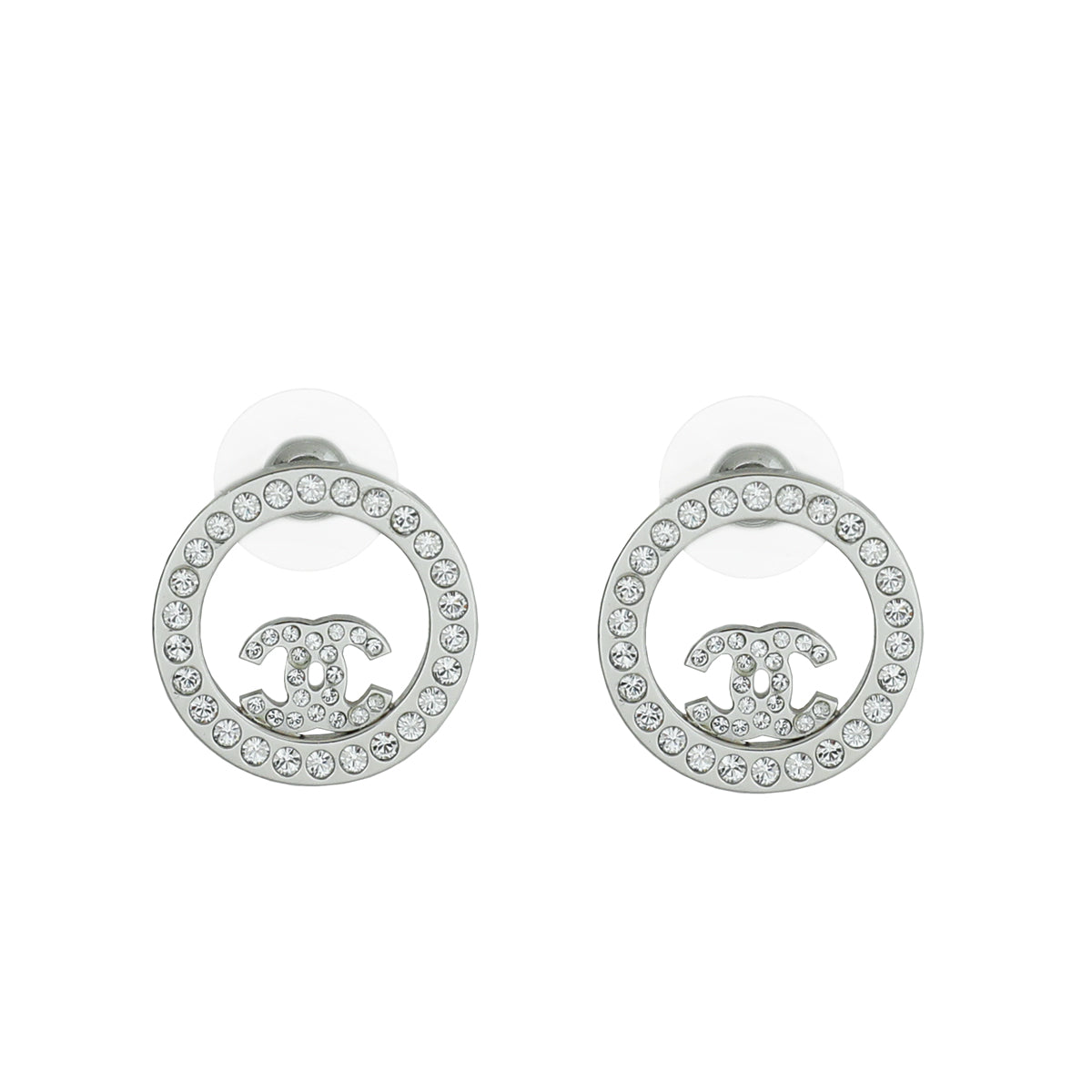 Chanel Silver CC Crystal Round Earrings-Chanel-THE CLOSET
