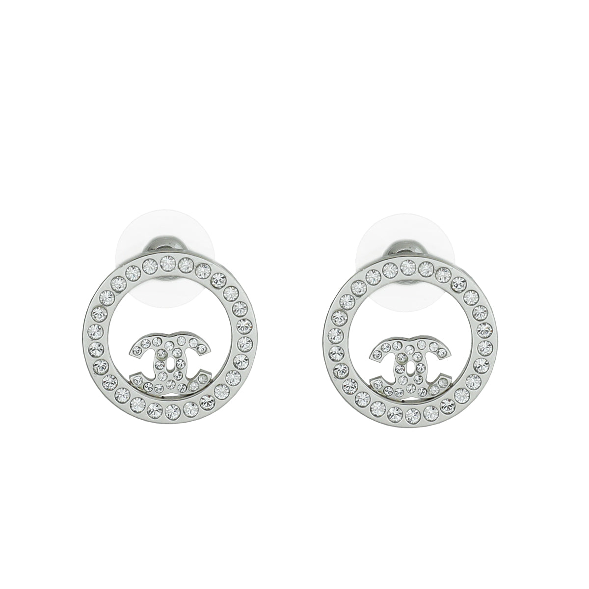 Chanel Silver CC Crystal Round Earrings
