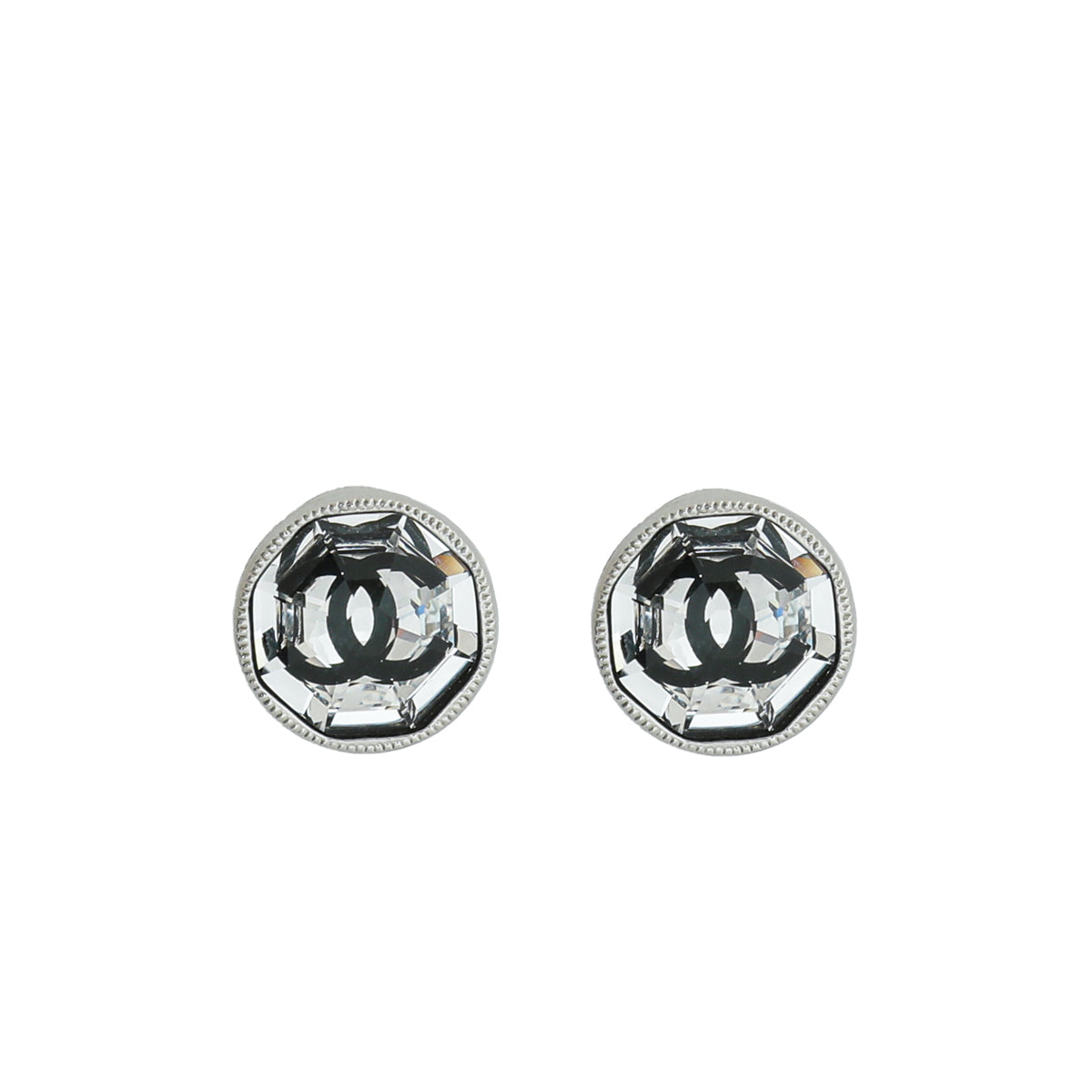 Chanel Silver CC Botton Crystal Earrings-Chanel-THE CLOSET
