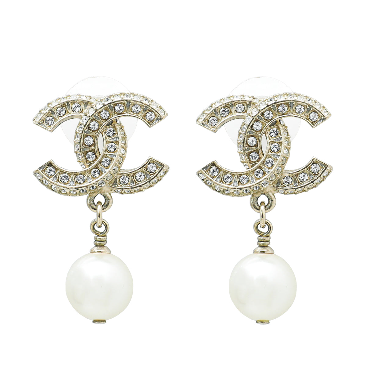Chanel Gold CC Crystal Pearl Drop Earrings