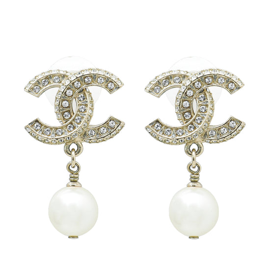 CHANEL Crystal Pearl Pearls Coronation CC Drop Earrings Gold 1300887