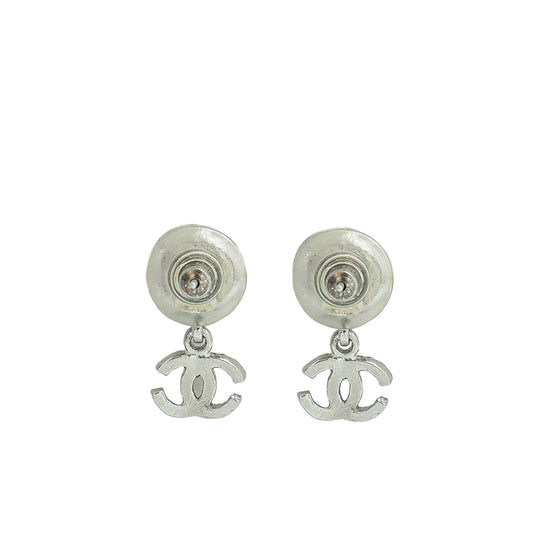 Chanel Silver CC Drop Flower Earrings