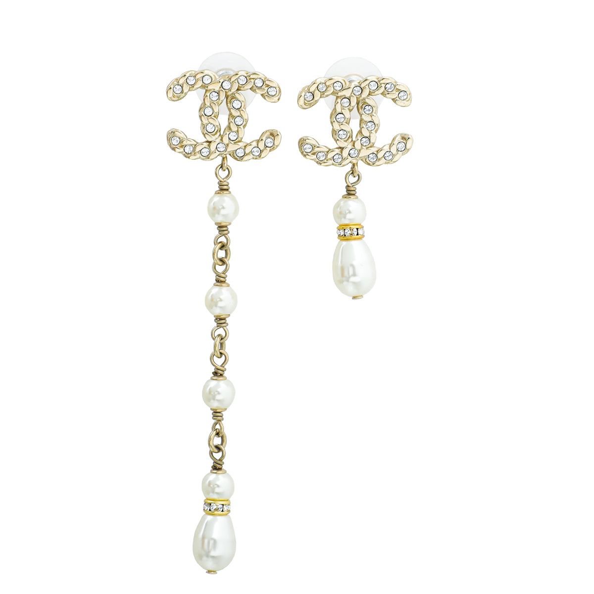 Chanel White CC Pearls Coronation Asymmetrical Earrings