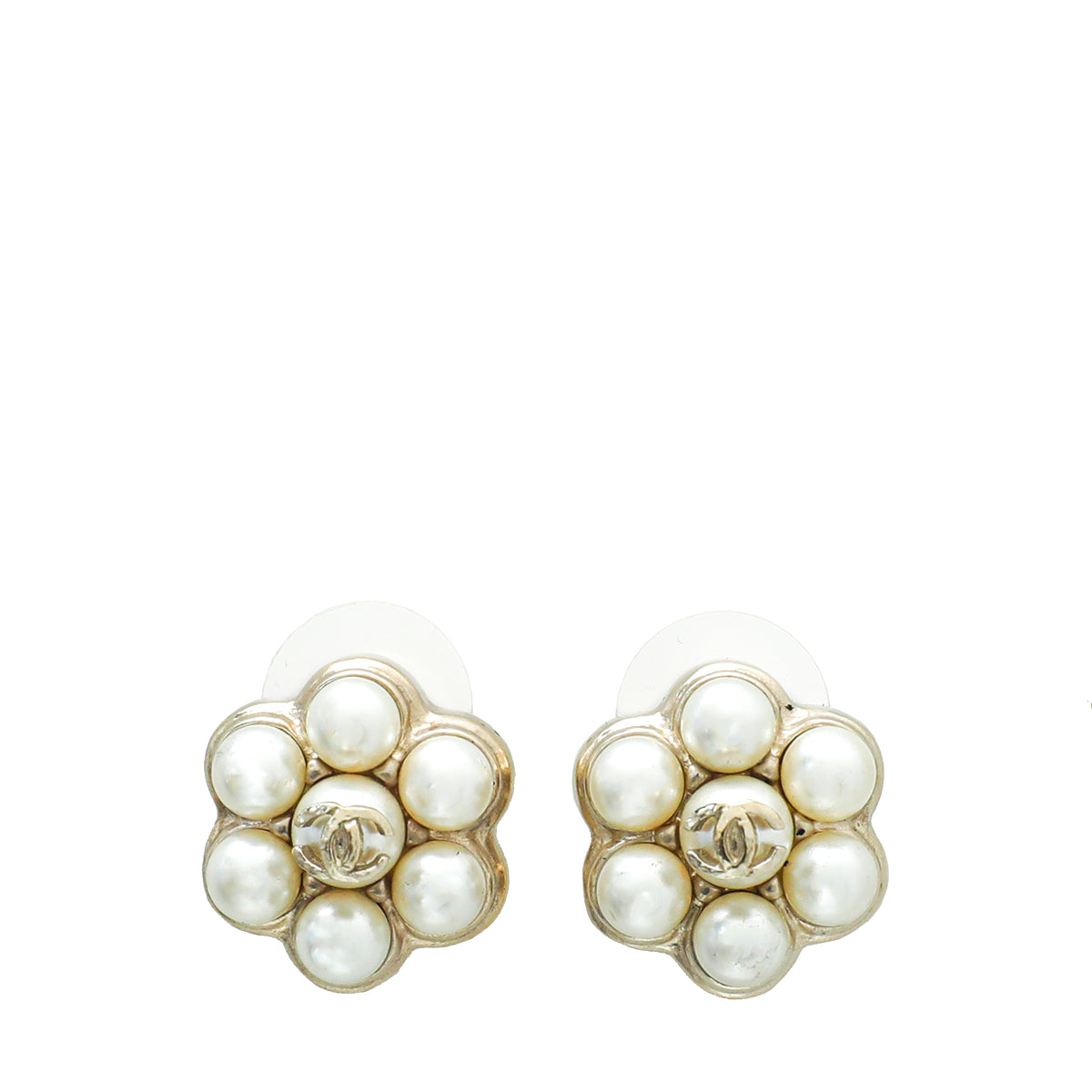 Chanel Gold Tone CC Pearl Flower Earrings