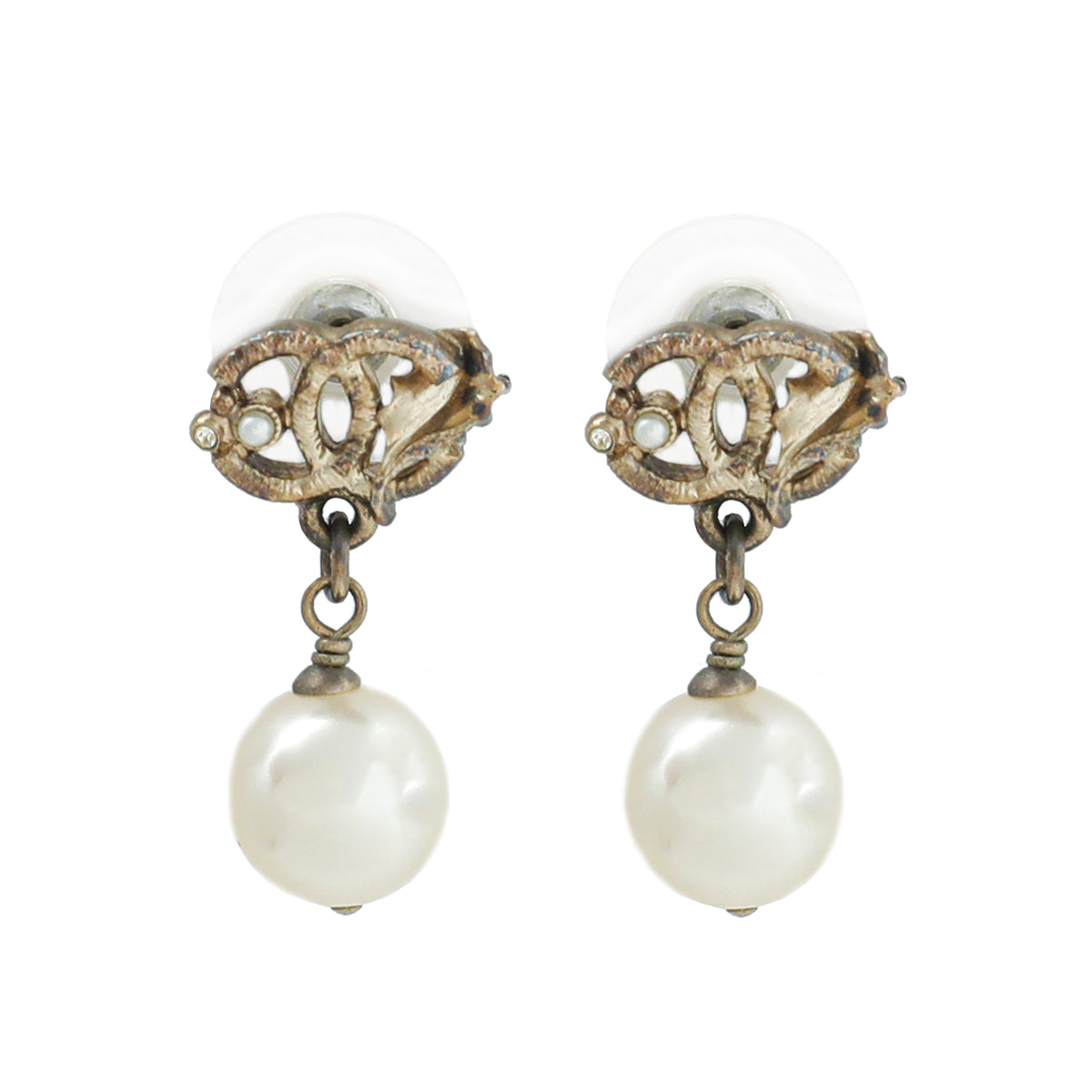 Chanel White CC Pearl Drop Leaf Earrings-Chanel-THE CLOSET