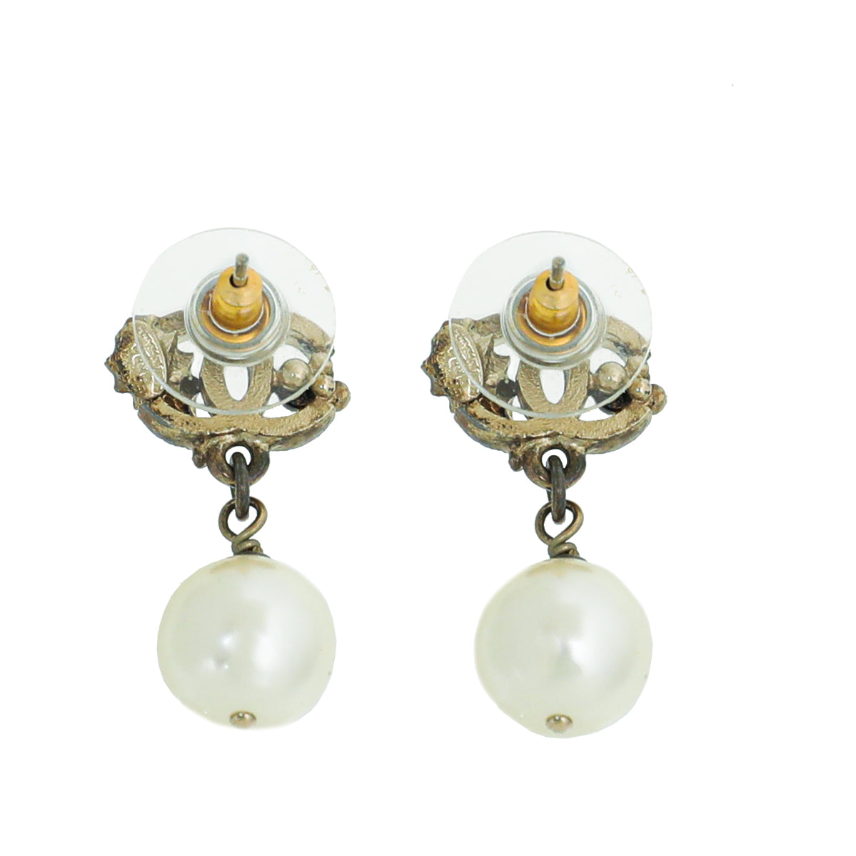 Chanel White CC Pearl Drop Leaf Earrings