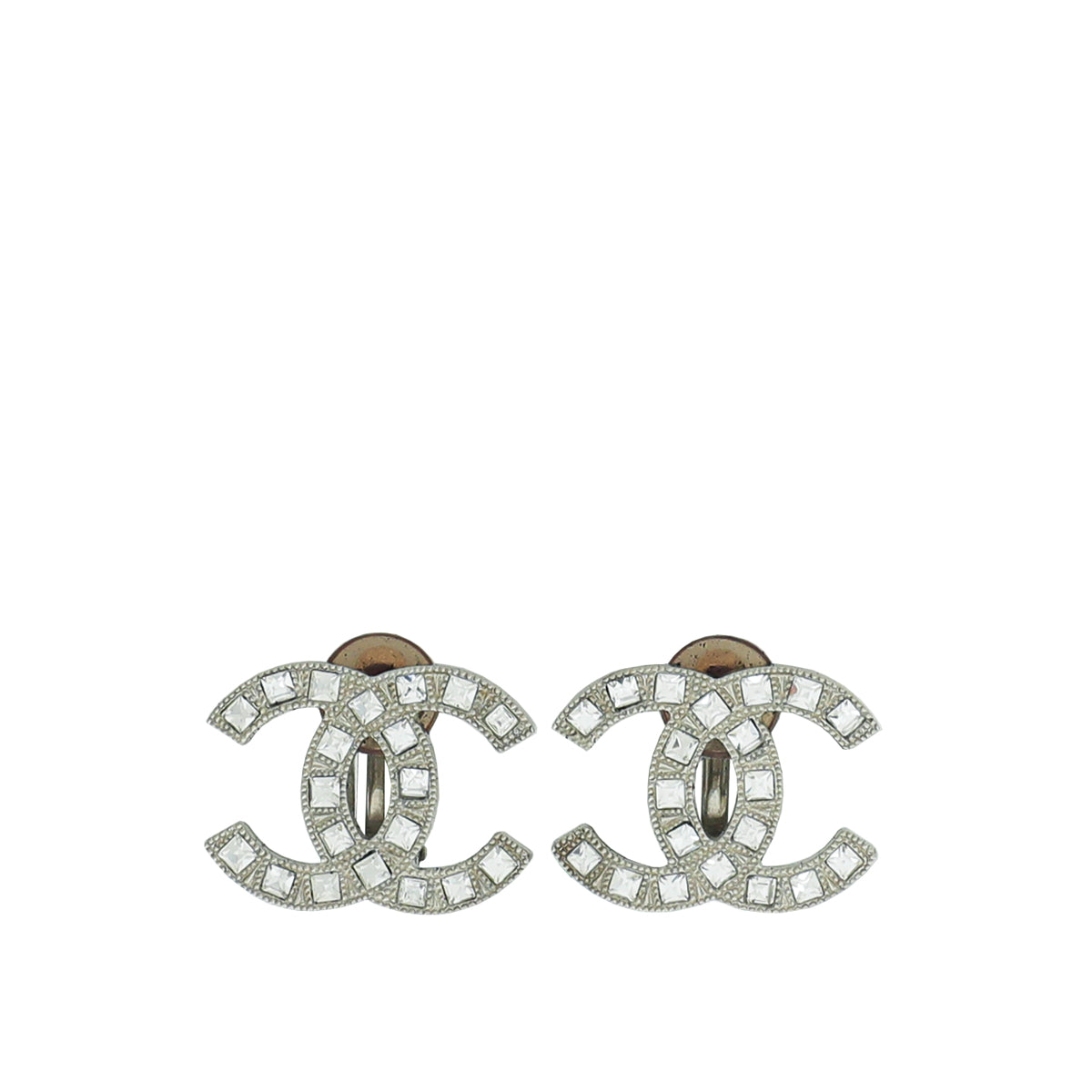 Chanel Silver CC Crystal Clip Earrings