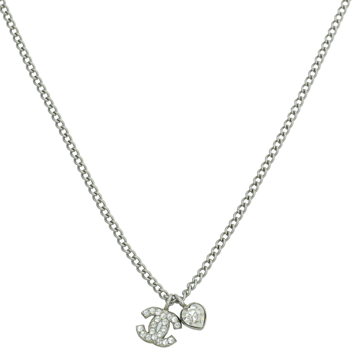 Chanel Silver CC Crystal And Heart Chain Necklace