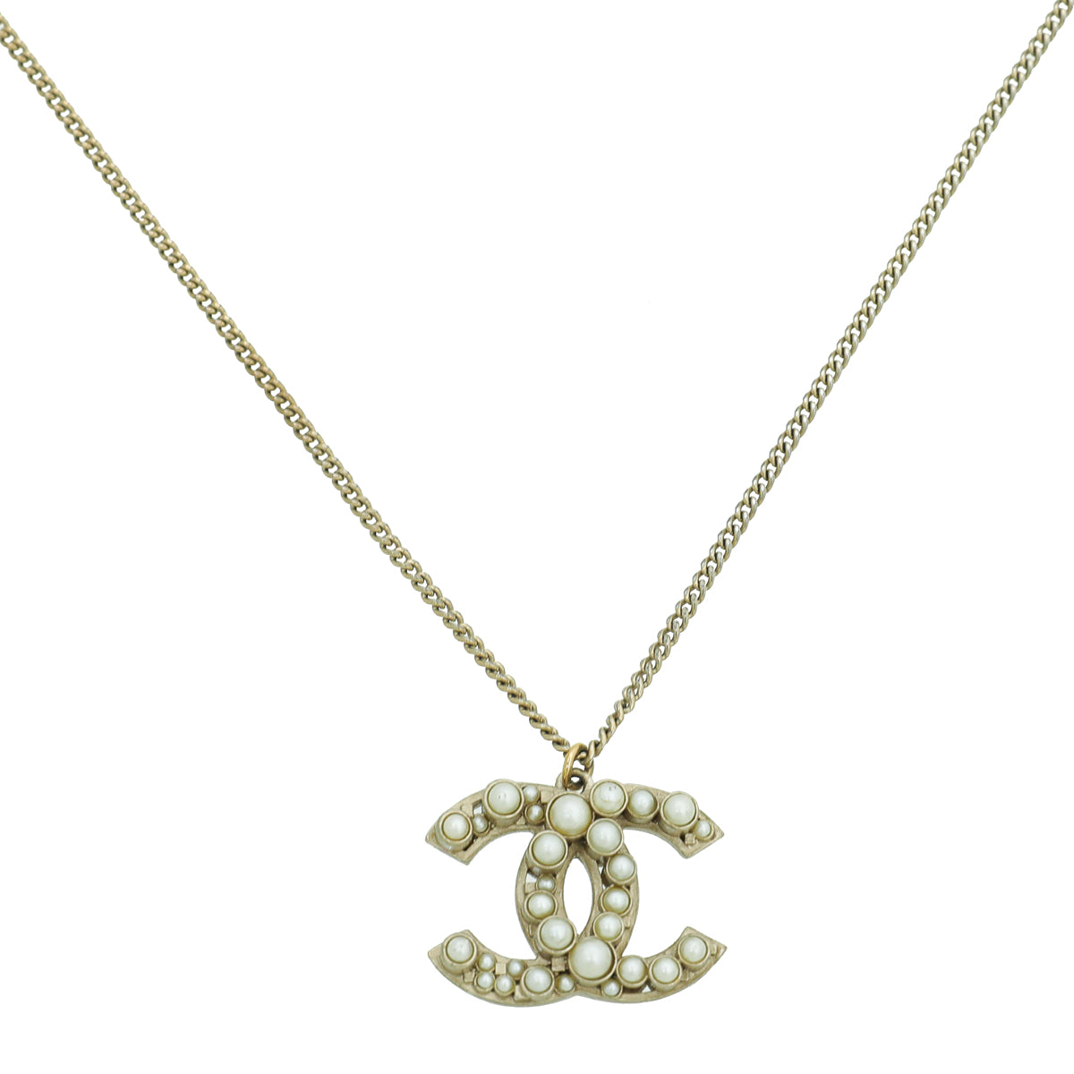 Chanel Gold Tone CC Pearl Pendant Necklace