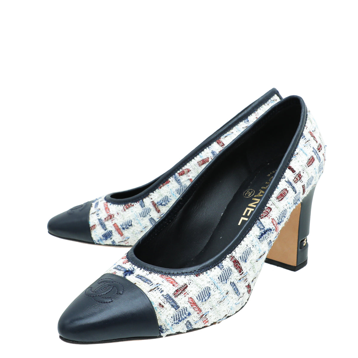 Chanel Navy White CC Cap Toe Tweed Pump 38-Chanel-THE CLOSET