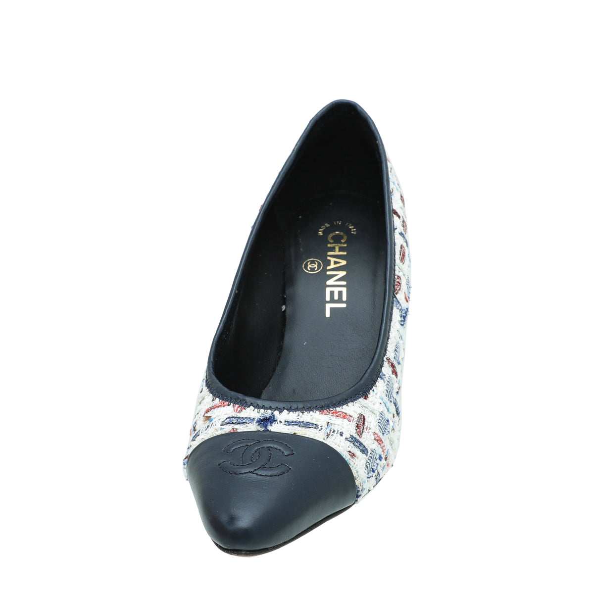 Chanel Navy White CC Cap Toe Tweed Pump 38-Chanel-THE CLOSET