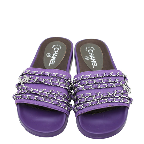Chanel Violet Satin CC Charm Chain Slide Sandal 37