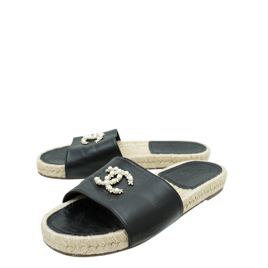 Chanel Black CC Pearl Studs Espadrille Slip On Sandals 37.5 – The Closet