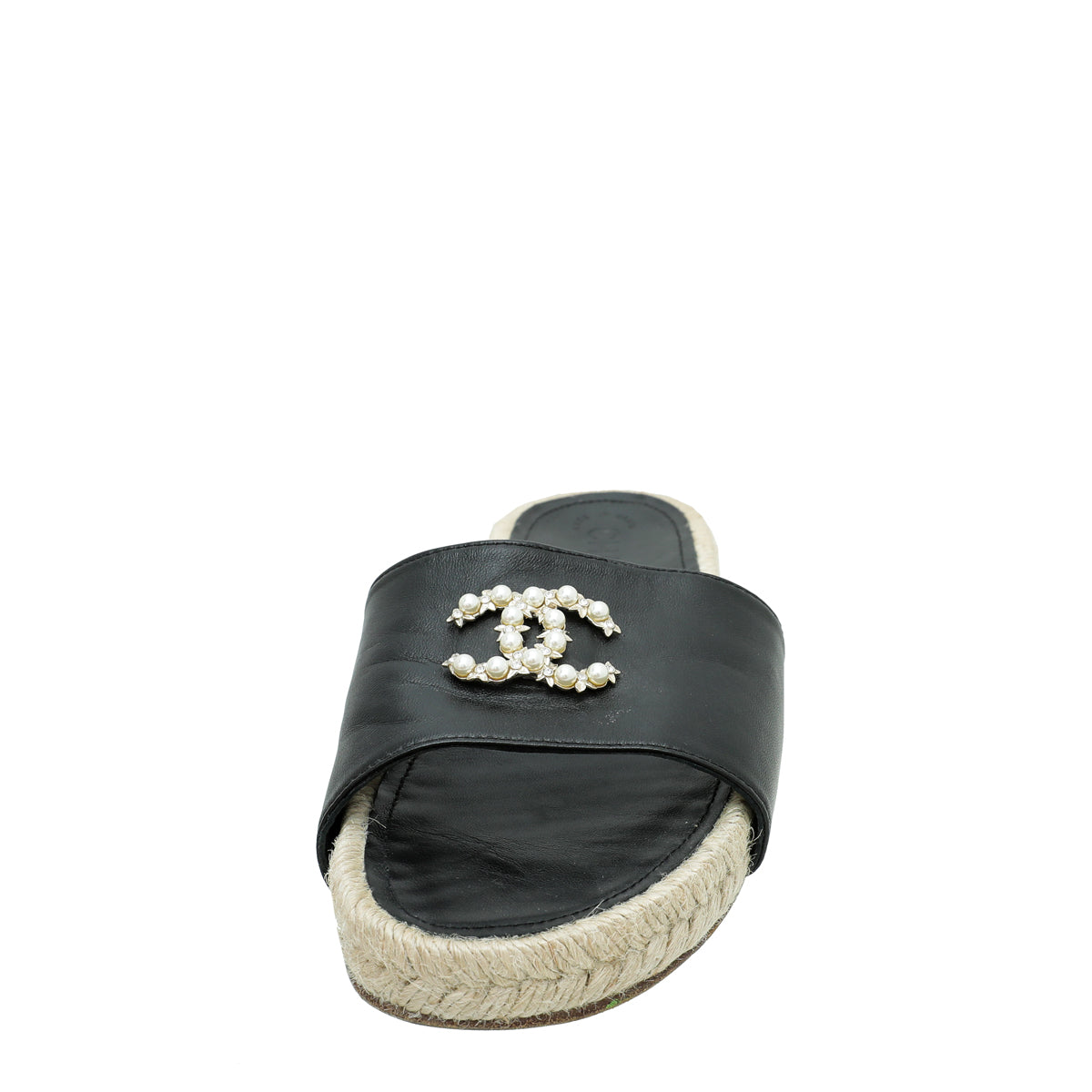 Chanel Black CC Pearl Studs Espadrille Slip On Sandals 37.5-Chanel-THE CLOSET
