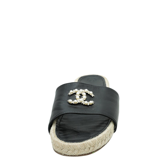 Chanel Beige Leather Embellished CC Flat Espadrille Slides Size 36 Chanel   TLC