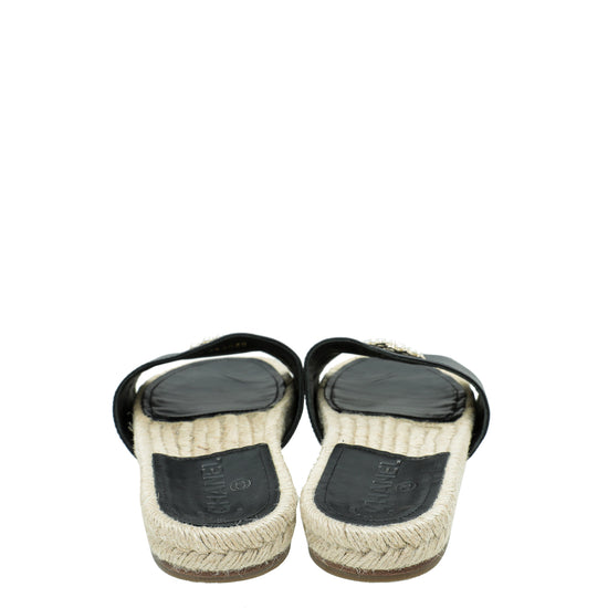 Chanel Black CC Pearl Studs  Espadrille Slip On Sandals 37.5