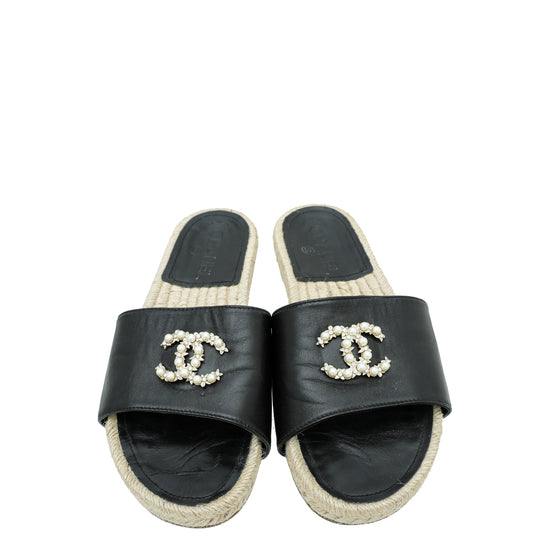 Chanel Black CC Pearl Studs  Espadrille Slip On Sandals 37.5