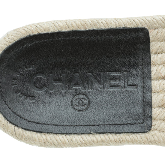 Chanel Black CC Pearl Studs  Espadrille Slip On Sandals 37.5