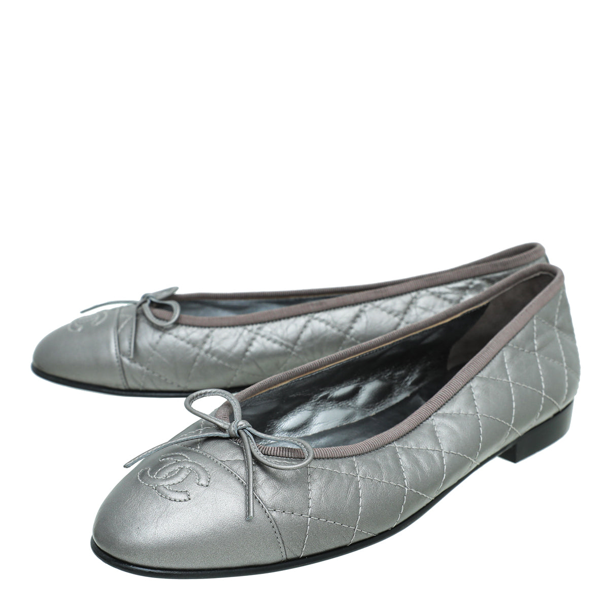 Chanel Metallic Grey CC Cap Toe Bow Ballerina-Chanel-THE CLOSET