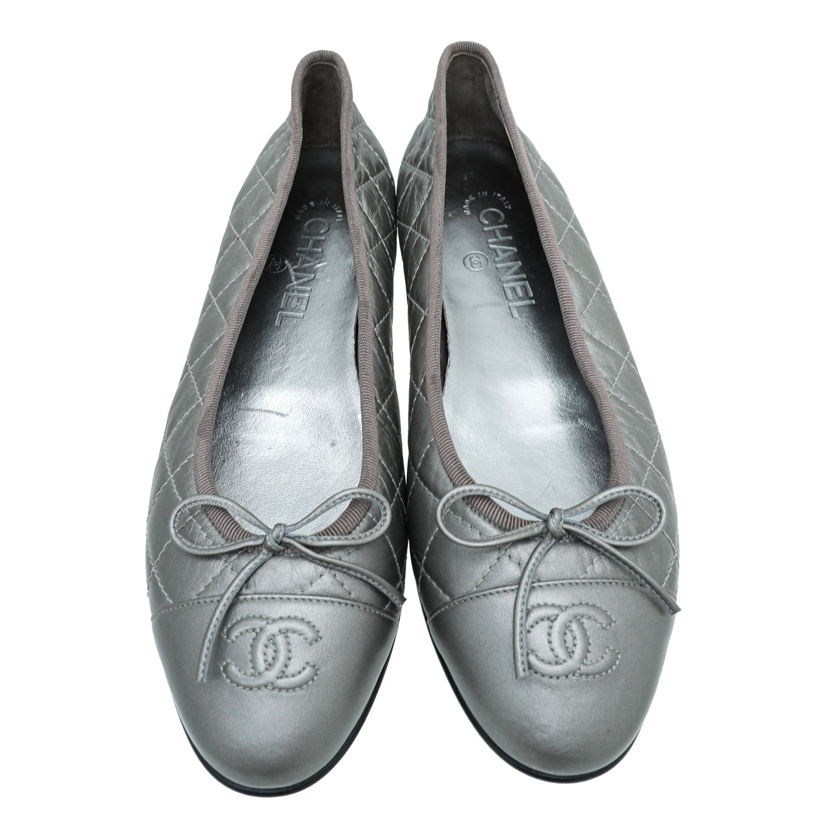 Chanel Metallic Grey CC Cap Toe Bow Ballerina