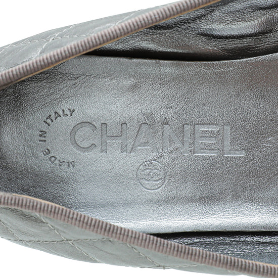 Chanel Metallic Grey CC Cap Toe Bow Ballerina