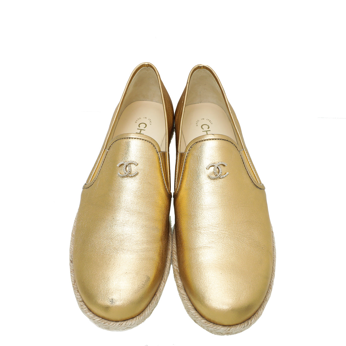 Chanel Gold CC Metallic Flat Espadrille 38.5 – The Closet