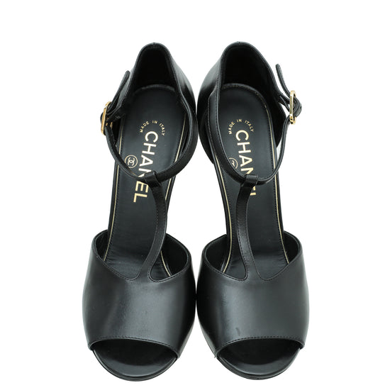 Chanel Black T Strap CC Pearl Wedge Sandals 38 – The Closet