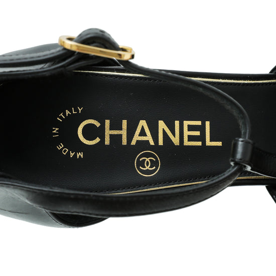 Chanel Black T Strap CC Pearl Wedge Sandals 38