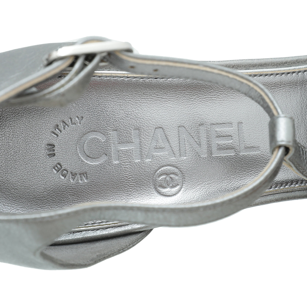 Chanel Metallic Silver T Strap CC Pearl Wedge Sandals 38