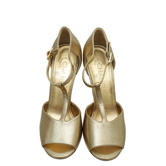 Chanel Metallic Gold T Strap CC Pearl Wedge Sandals 38