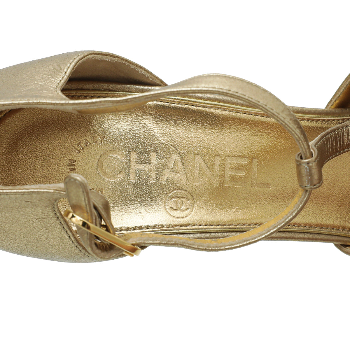 Chanel Metallic Gold T Strap CC Pearl Wedge Sandals 38