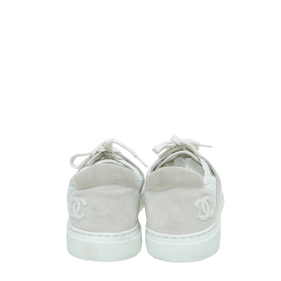 Chanel White CC Mesh Suede Sneaker 38