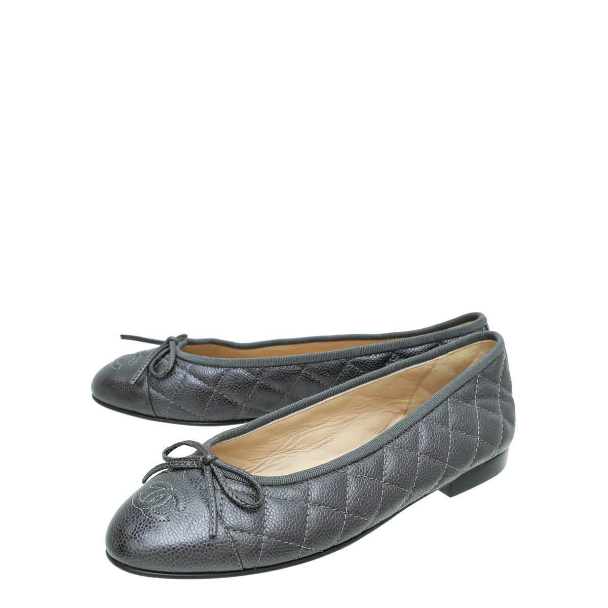 Chanel Metallic Dark Grey CC Cap Toe Quilted Flat Ballerina 38-Chanel-THE CLOSET
