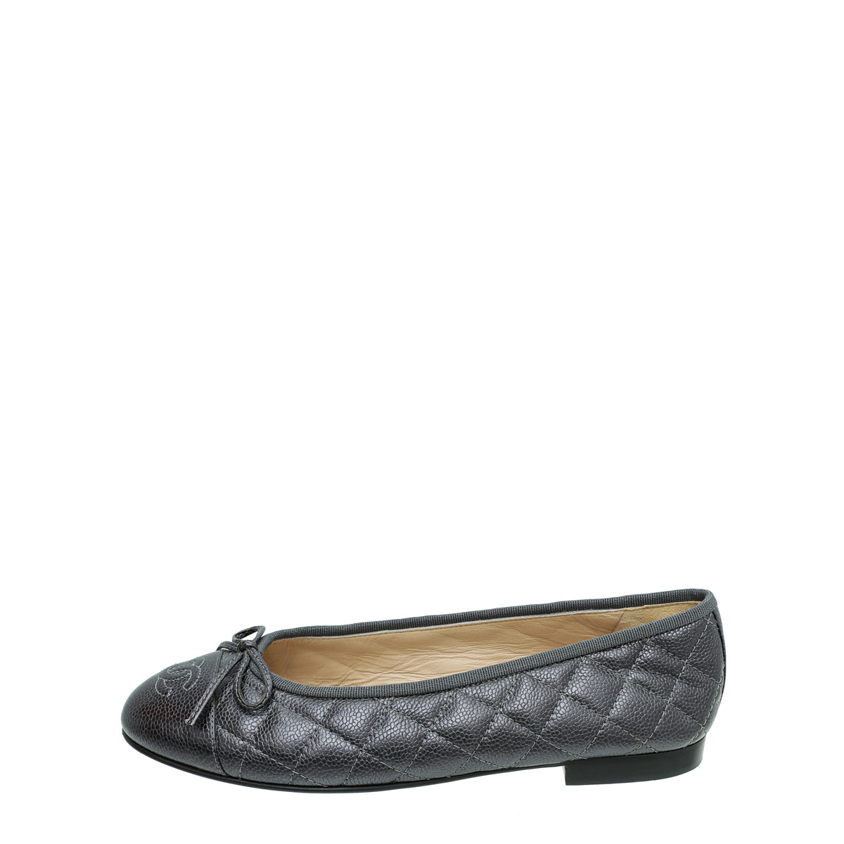 Chanel Metallic Dark Grey CC Cap Toe Quilted Flat Ballerina 38